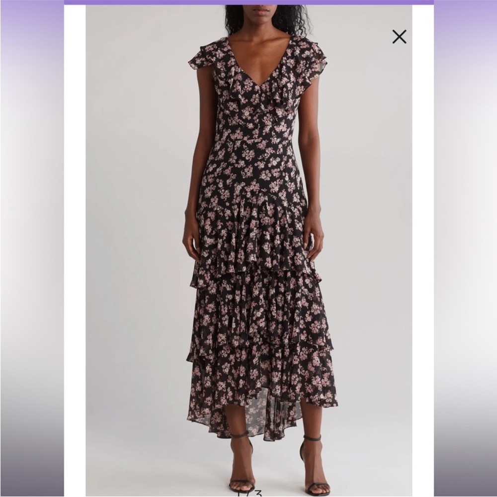 Wayf Black Maxi Dress with Pink Floral Design